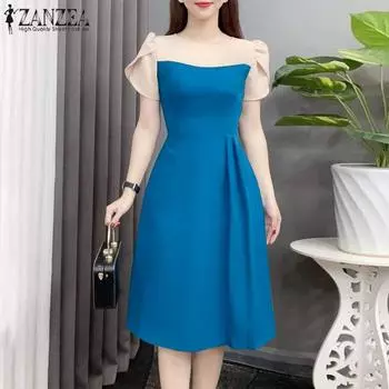 ZANZEA Женское Элегантное Платье А-силуэта с Круглым Вырезом и Короткими Рукавами, Цветочным Декором и Талией S чёрный