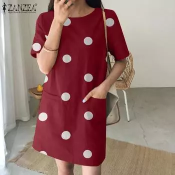 ZANZEA Женское корейское повседневное платье в горошек с коротким рукавом и силуэтом H L чёрный