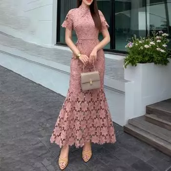 ZANZEA Женское летнее элегантное кружевное платье с круглым вырезом, короткими рукавами и юбкой «рыбий хвост» S