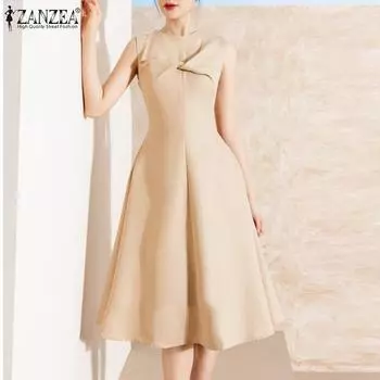 ZANZEA женское летнее элегантное однотонное платье трапециевидной формы с круглым вырезом и талией без рукавов 3XL бежевый