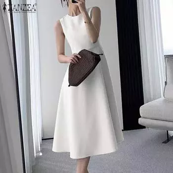 ZANZEA женское летнее элегантное однотонное платье без рукавов с круглым вырезом и талией 4XL белый