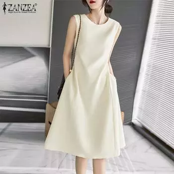 ZANZEA женское летнее элегантное повседневное платье миди без рукавов