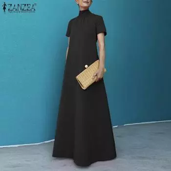 ZANZEA женское летнее элегантное повседневное свободное платье макси с короткими рукавами Vestidos XL чёрный