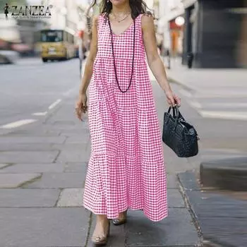 ZANZEA Женское летнее длинное платье без рукавов с V-образным вырезом и клетчатым принтом 3XL розовый