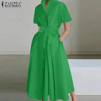 ZANZEA Женское летнее длинное платье-рубашка с отложным воротником и короткими рукавами S чёрный