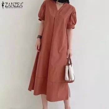 ZANZEA Женское летнее длинное платье с V-образным вырезом и коротким рукавом S чёрный