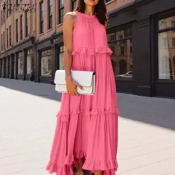 ZANZEA Женское летнее длинное платье с круглым вырезом и открытыми плечами XL бежевый