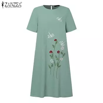 ZANZEA Женское летнее хлопковое платье с круглым вырезом и коротким рукавом с цветочным принтом