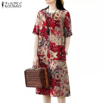 ZANZEA Женское летнее хлопковое повседневное длинное платье с короткими рукавами и круглым вырезом с принтом S синий