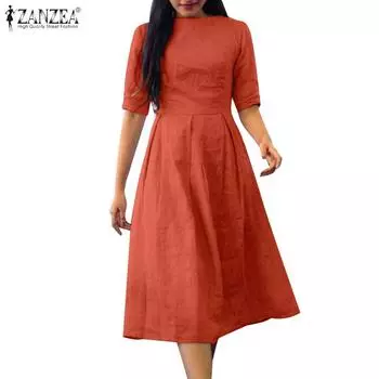 ZANZEA женское летнее хлопковое повседневное длинное платье с короткими рукавами и круглым вырезом