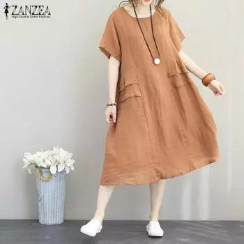 ZANZEA Женское летнее хлопковое повседневное платье с круглым вырезом и короткими рукавами