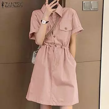 ZANZEA Женское летнее короткое платье с отложным воротником и коротким рукавом S хаки