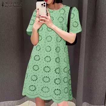 ZANZEA Женское летнее повседневное платье с круглым вырезом и коротким рукавом, кружевом и вязанным крючком сзади в стиле пэчворк S белый