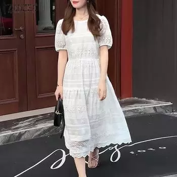 ZANZEA Женское летнее кружевное платье крючком с круглым вырезом и коротким рукавом XL белый