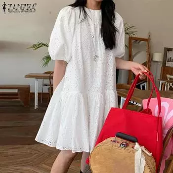 ZANZEA Женское летнее кружевное платье с коротким рукавом, связанное крючком, для праздников 5XL белый