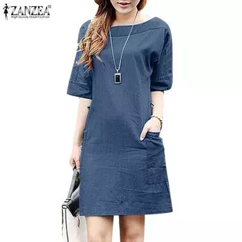 ZANZEA Женское летнее мини-платье с коротким рукавом и круглым вырезом А-силуэта S темно-синий