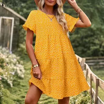 ZANZEA женское летнее многослойное свободное платье с круглым вырезом и короткими рукавами