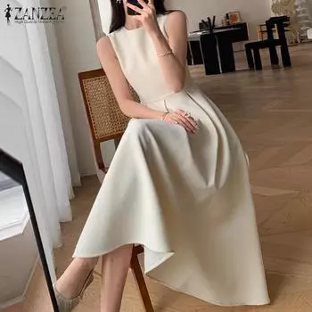 ZANZEA женское летнее модное однотонное платье без рукавов с круглым вырезом и плиссированной талией 5XL бежевый