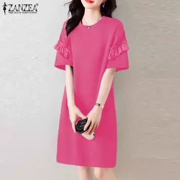 ZANZEA женское летнее модное однотонное свободное прямое платье с круглым вырезом и короткими рукавами