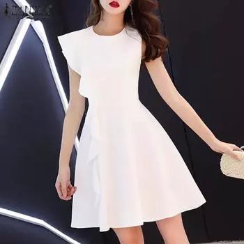 ZANZEA женское летнее модное платье без рукавов с круглым вырезом и оборками на талии 5XL чёрный