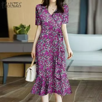 ZANZEA женское летнее модное платье с v-образным вырезом и короткими рукавами, ремешками и цветочным принтом, оборками по подолу 5XL фиолетовый
