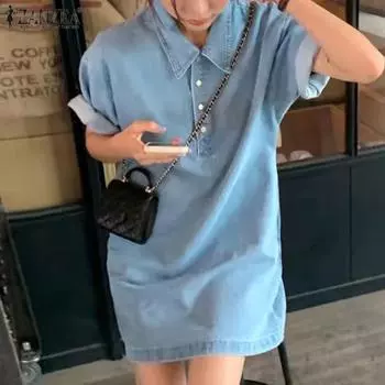 ZANZEA Женское летнее модное платье с воротником-рубашкой с коротким рукавом, прямое однотонное свободное платье S чёрный