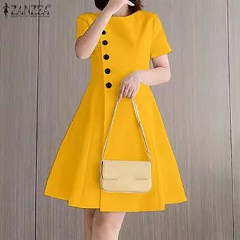 ZANZEA женское летнее модное платье трапециевидной формы с круглым вырезом и короткими рукавами, декоративная пуговица на талии 4XL белый