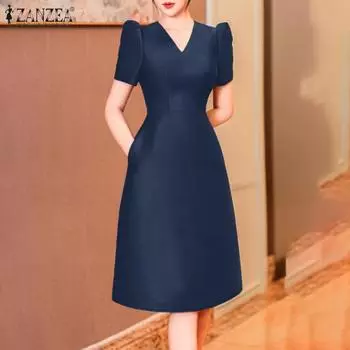 ZANZEA Женское летнее облегающее платье А-силуэта с V-образным вырезом и короткими рукавами S тёмно-синий