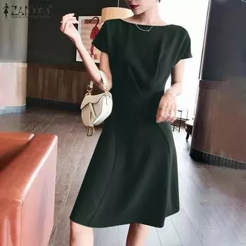 ZANZEA женское летнее однотонное платье с круглым вырезом и короткими рукавами