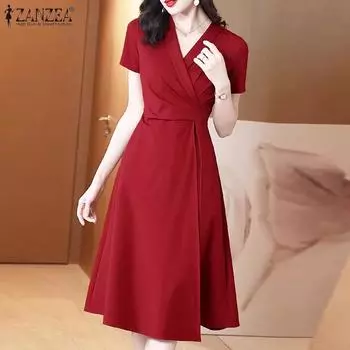 ZANZEA женское летнее однотонное платье с v-образным вырезом и короткими рукавами, плиссированной талией 5XL темно-зеленого