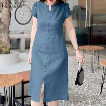 ZANZEA Женское летнее однотонное повседневное платье с V-образным вырезом и коротким рукавом M хаки