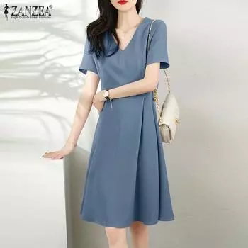 ZANZEA женское летнее однотонное свободное платье с короткими рукавами и v-образным вырезом