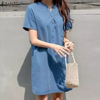 ZANZEA женское летнее однотонное свободное повседневное платье с v-образным вырезом и коротким рукавом