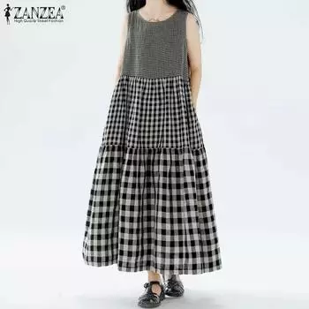 ZANZEA Женское летнее платье А-силуэта в клетку с круглым вырезом без рукавов 4XL темно-синий