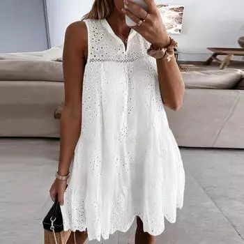 ZANZEA Женское летнее платье без рукавов, короткое, с ажурной вышивкой и кружевом крючком L белый