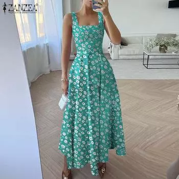 ZANZEA Женское летнее платье без рукавов с квадратным вырезом и цветочным принтом в стиле бохо S белый