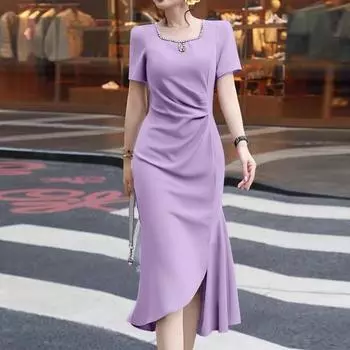 ZANZEA Женское летнее платье-футляр с квадратным вырезом и короткими рукавами, со стразами 5XL фиолетовый