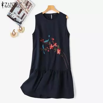 ZANZEA женское летнее платье-майка без рукавов с цветочной вышивкой и круглым вырезом 3XL