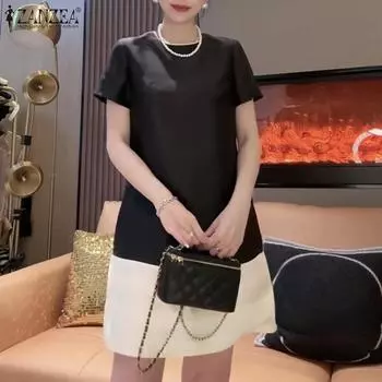 ZANZEA Женское летнее платье прямого кроя с круглым вырезом и коротким рукавом M коричневый