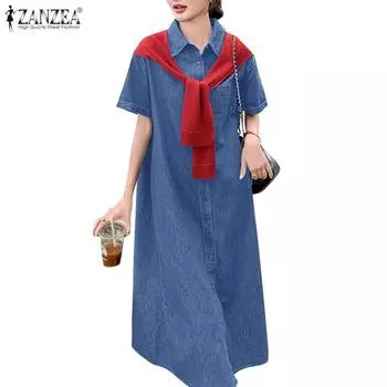 ZANZEA Женское летнее платье-рубашка с отложным воротником и короткими рукавами M темно-синий