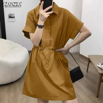 ZANZEA Женское летнее платье-рубашка с отложным воротником и коротким рукавом 3XL чёрный
