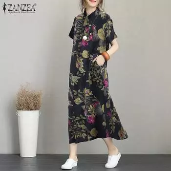 ZANZEA Женское летнее платье-рубашка с коротким рукавом и цветочным принтом XL ярко-розовый
