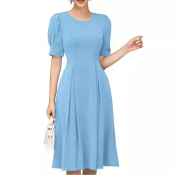 ZANZEA Женское летнее платье с круглым вырезом, однотонное, повседневное, с коротким рукавом M синий