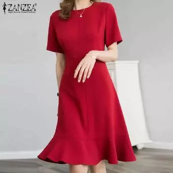 ZANZEA женское летнее платье с круглым вырезом и короткими рукавами, однотонное платье с талией и рыбьим хвостом 4XL темно-синий