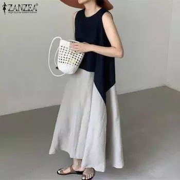 Женское летнее платье ZANZEA с круглым вырезом без рукавов контрастного цвета 4XL зелёный