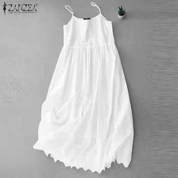 ZANZEA Женское летнее платье с круглым вырезом без рукавов и кружевным подолом на подтяжках 2XL жёлтый