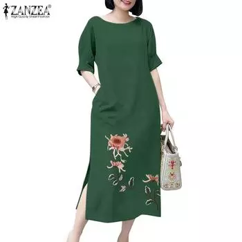 ZANZEA Женское летнее платье с круглым вырезом и коротким рукавом с цветочной вышивкой