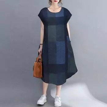 ZANZEA Женское летнее платье с круглым вырезом и короткими рукавами в клетку S тёмно-синий