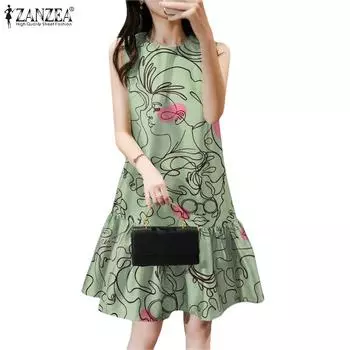 Женское летнее платье ZANZEA с круглым вырезом и без рукавов с принтом XL зелёный