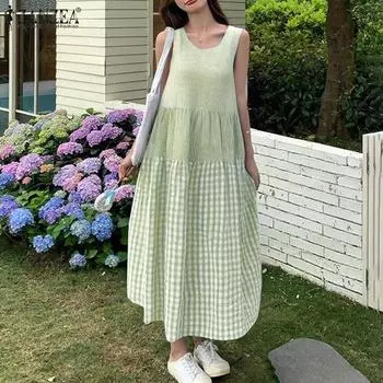 ZANZEA Женское летнее платье с круглым вырезом без рукавов и сетчатым принтом S зелёный